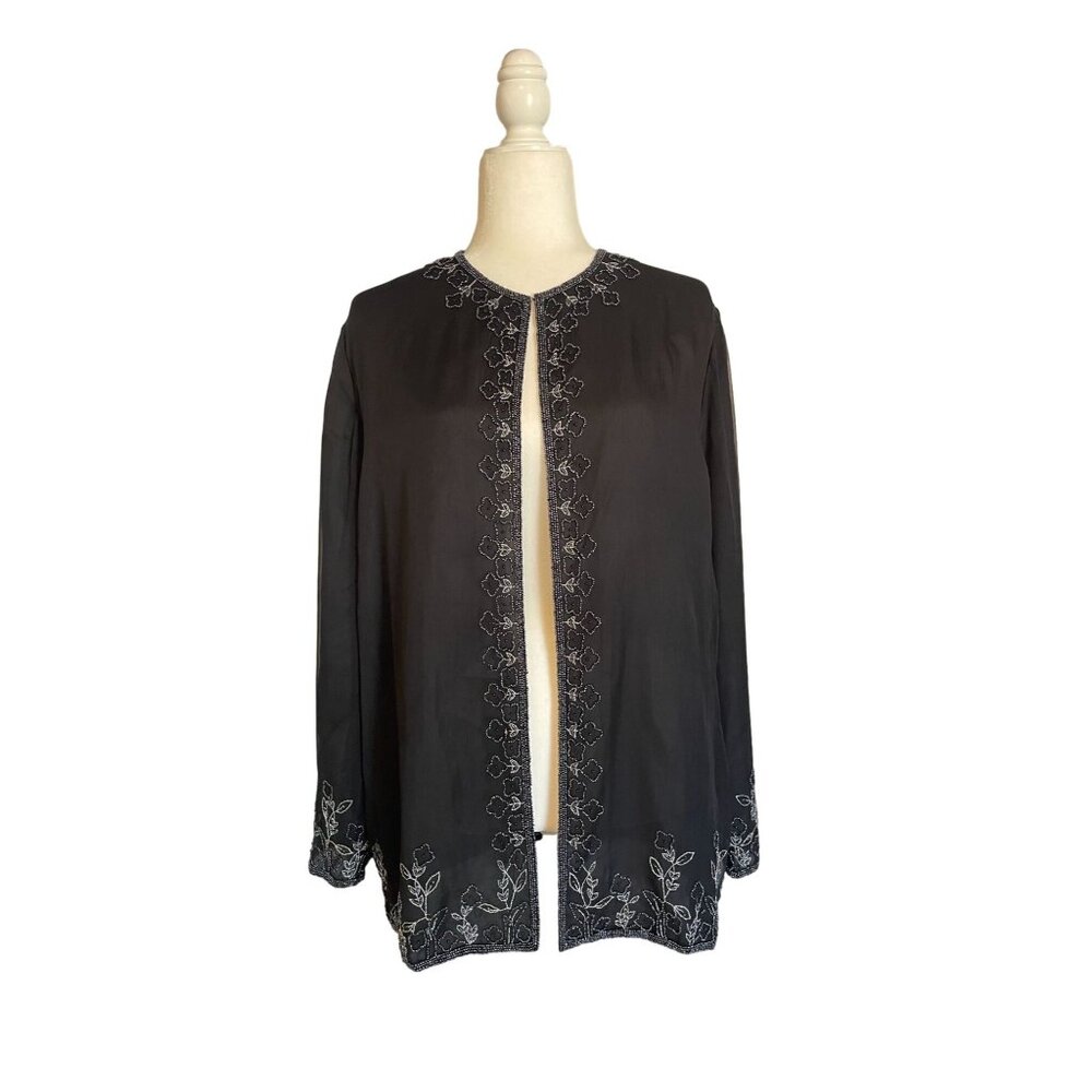 Vintage Black Beaded Open-Front Cardigan With Floral Embroidery